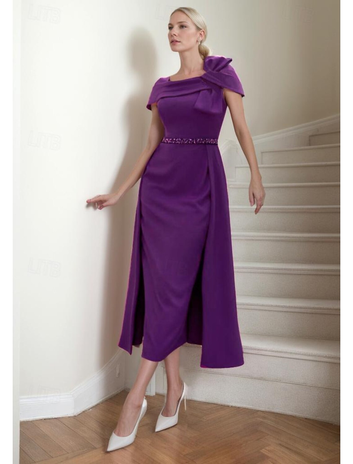 Buyishang Sheath Mother of the Bride Dress Elegant Square Neck Tea Length Stretch Fabric Short Sleeve with Bow(s) Tier Solid Color free custom size